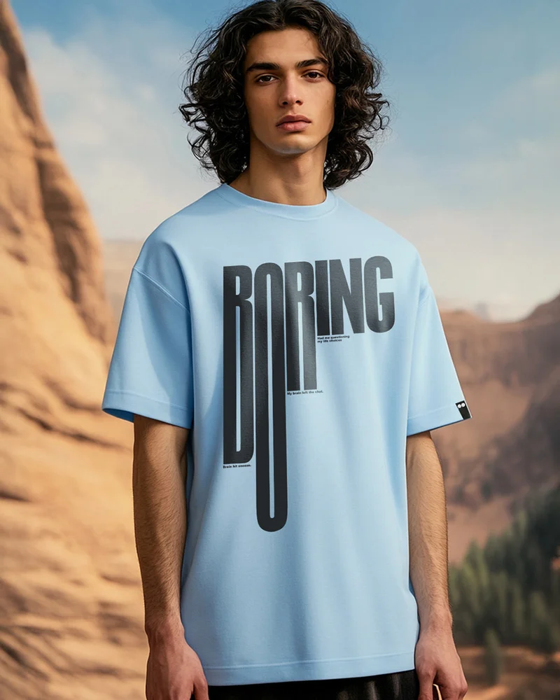 بيواكوف Men's Chambray Blue Boring Typography Oversized T-shirt
